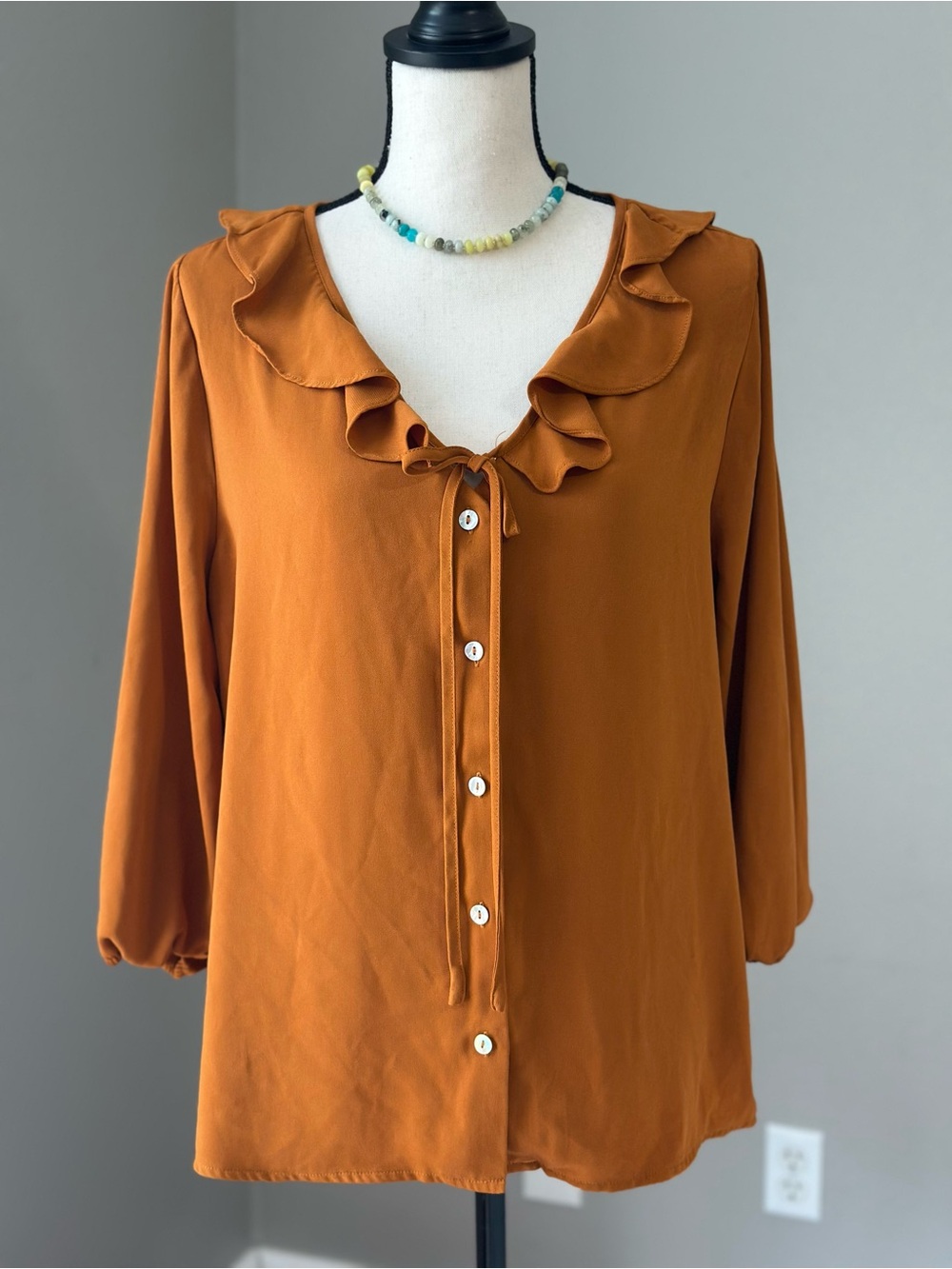 Mustard Gold Ruffled Tie-Neck Eclectic Grandma Blouse Elastic Sleeves